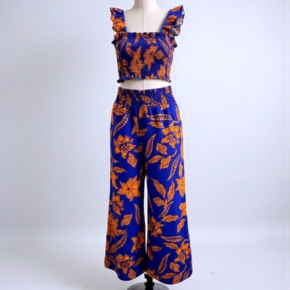Pants - New Blue Orange Tropical Floral Smocked Crop Top Wide Leg Pants Set FY-3276 L/XL